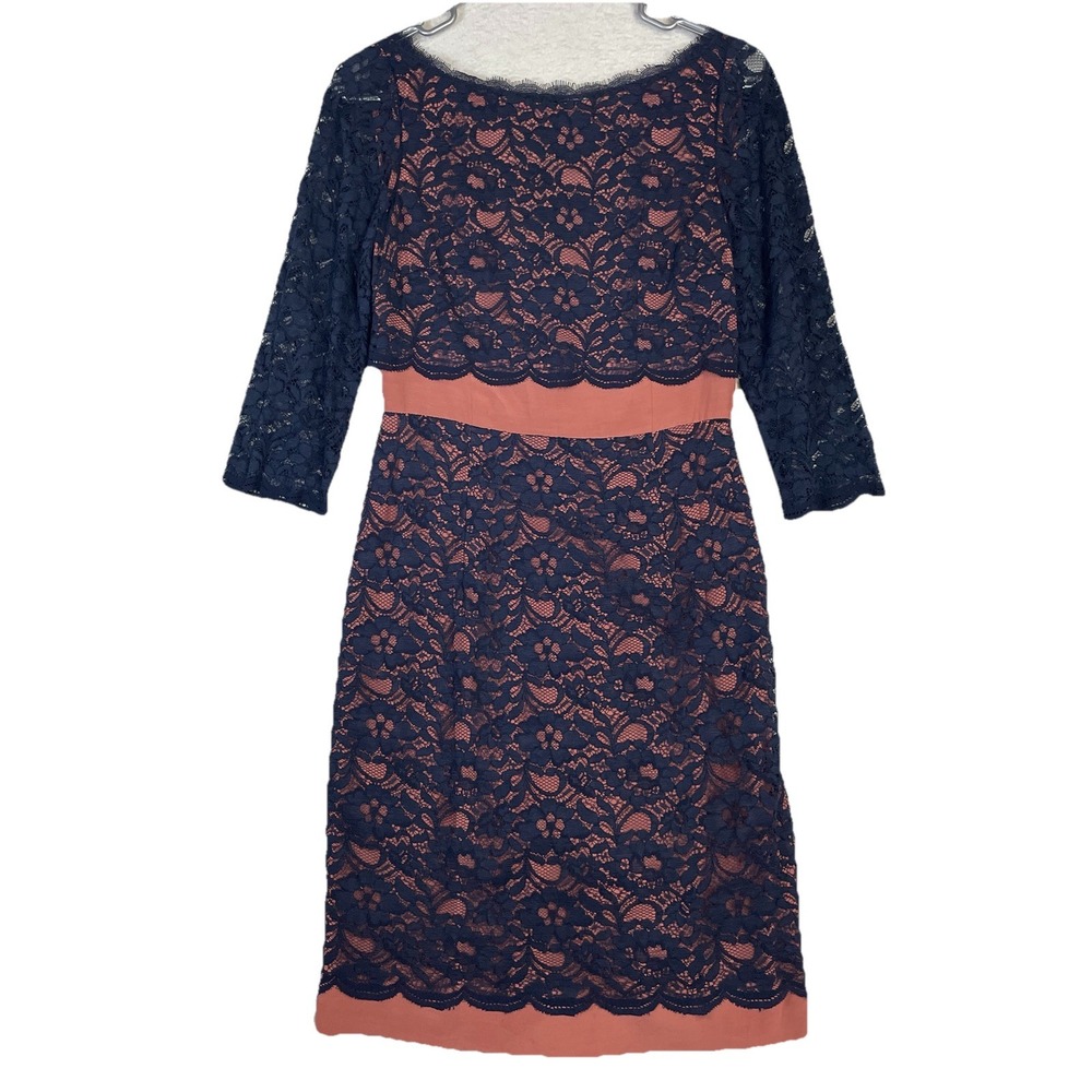 Boden US 4R Navy Blue Lace Overlay Salmon Pink Lining 3/4 Sleeves Cocktail Dress